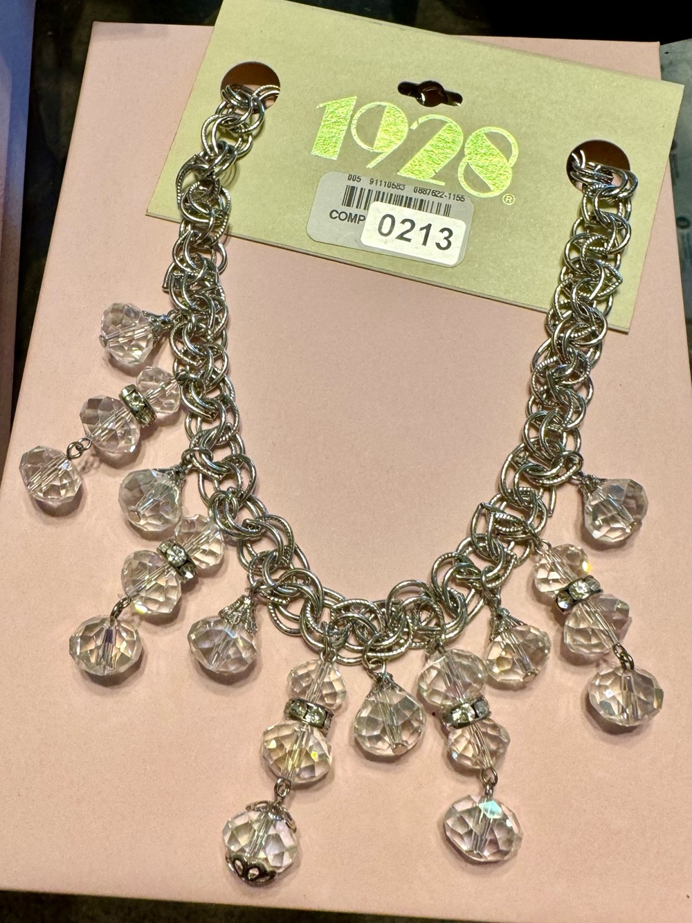 Vintage 1928 Silver-Tone Clear Crystal Dangle Statement Necklace